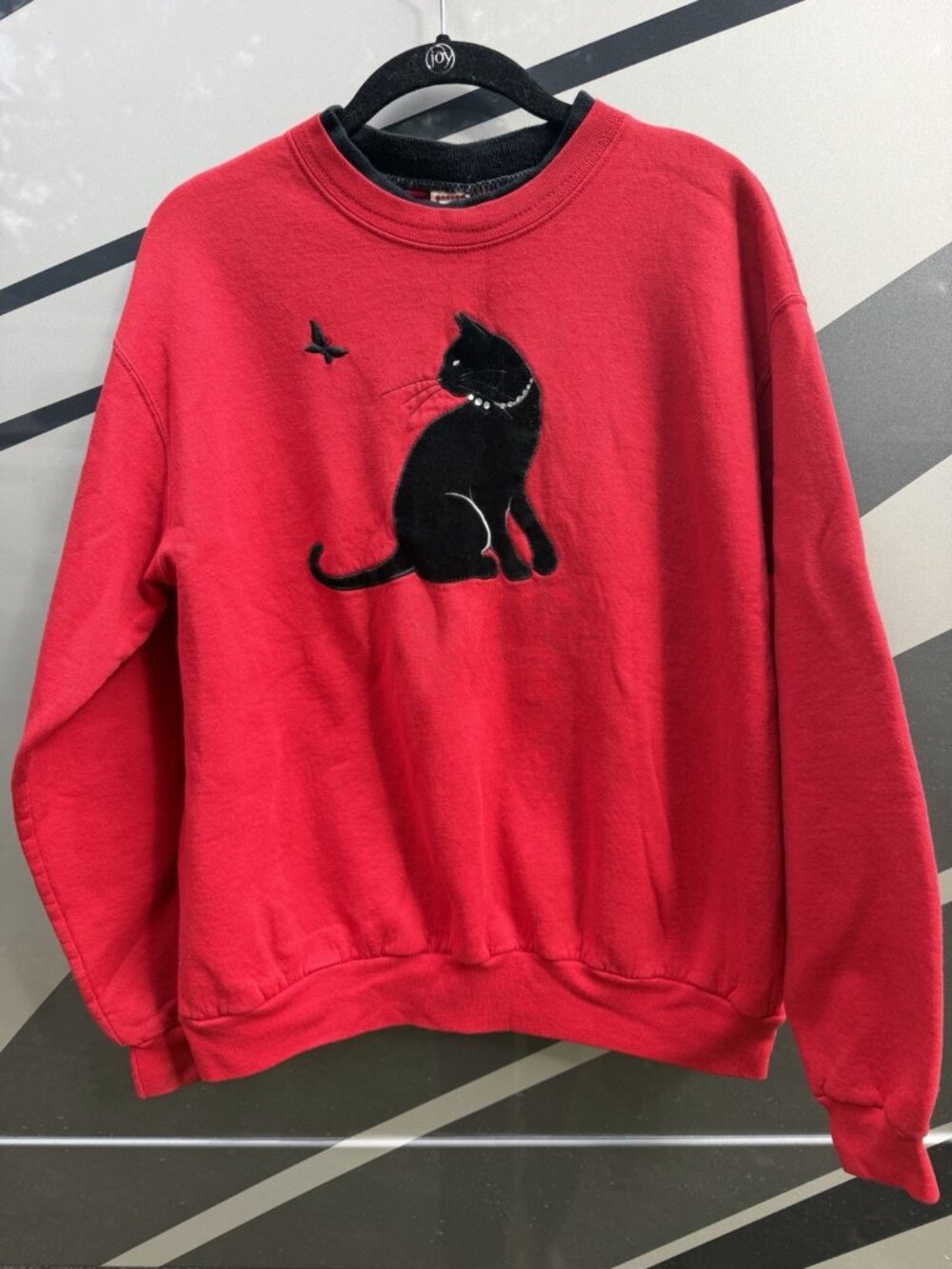 Vintage 90s Top Stitch red black velvet cat butterflies rhinestones sweatshirt L
